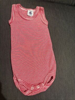 Petit Bateau Red & White Striped Sleeveless Baby Bodysuit